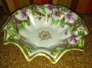 Antique Nippon Bowl Gold & Violets - Moriage Gold Hand Painted Scalloped