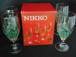 Set Of 4 Nikko " Happy Holidays " 16 Oz.  Stemmed Beverage Glasses -
