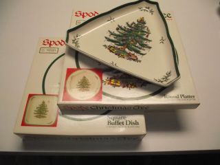 3 Triangle Dish & Square Buffet Dish & Chop Plate Spode Christmas Tree Exc