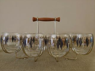 Vintage Mid Century Ball Glasses Set Of 8 With Atomic Caddy Brass And Wood