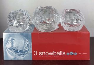 Set Of 3 Kosta Boda “snowballs” Votive Candle Holders Ann Warff Sweden Boxed