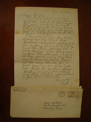 Old 1962 Elvis Presley Photostat Letter To Fan Club Member W\ Envelope