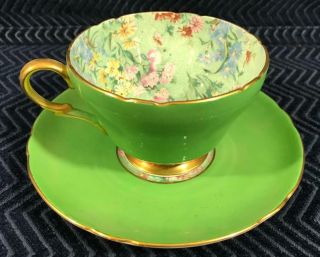 Shelley Tea Cup And Saucer Set With Green & Gold Wild Flowers Pattern