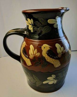 Eldreth Pottery Large 9 " Pitcher—redware With Hand Painted Birds And Flowers