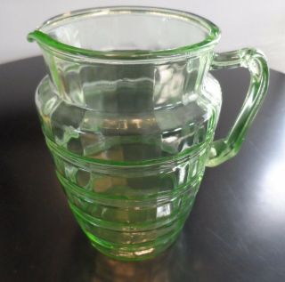 Vintage Green Depression Glass Ribbed Pitcher.  Anchor Hocking? 8 1/2 Inches Tall