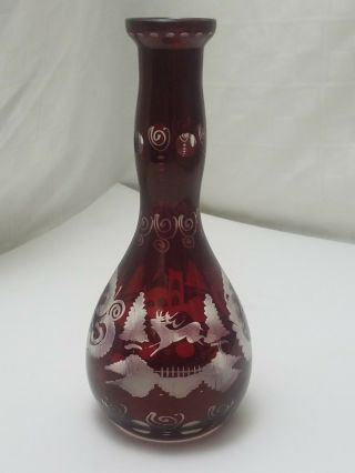 Antique 8 " Ruby Red Cut To Clear Glass Bulb Vase Egermann Deer & Castle Bohemian