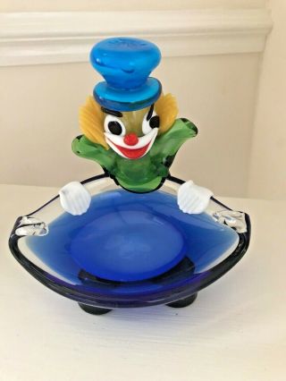 Vintage Italian Murano Glass Clown Turquoise Top Hat Holding A Blue Dish