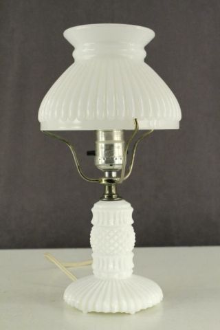 Vintage Milk Glass English Hobnail Ribbed Boudoir Electric Lamp & Shade