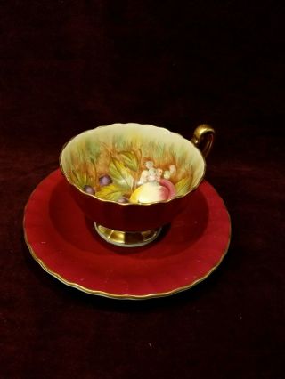 Aynsley England Orchard Fruit Deep Pink Gold Cup And Saucer Signed D Jones