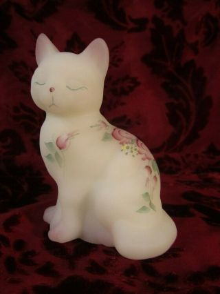 Fenton Cat White With Hand Painted Flowers Kitten Figurine Sitting Cat