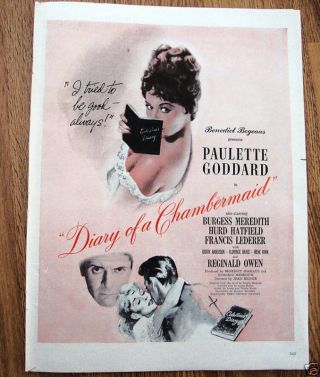 1946 Movie Ad Diary Of A Chambermaid Paulette Goddard Burgess Meredith Hatfield