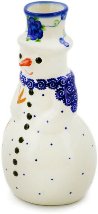 Polish Pottery Snowman Candle Holder 6 " Blue Poppies