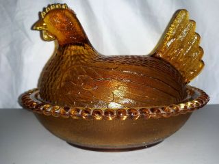 Vintage Indiana Brown / Amber Glass Hen On A Nest Chicken Covered Candy Dish