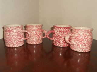 Set Of 4 Gerald Henn Red Spongeware Coffee Cups/.  Mugs
