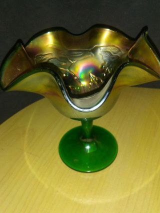 Antique Fenton Carnival Glass BIRD AND CHERRY Fluted Green Compote 2
