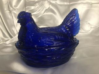 Vintage Glass Cobalt Blue Hen On Nest Candy Dish County Home Decor Easter (heavy)