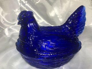 Vintage Glass Cobalt Blue Hen On Nest Candy Dish County Home Decor Easter (Heavy) 2