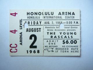 Young Rascals August 2 1968 Honolulu Show Ticket Stub (issue)