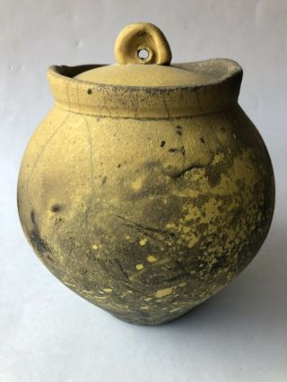 Handcrafted Raku Art Pottery Pot With Lid Blacks Grays Yellows Crackled
