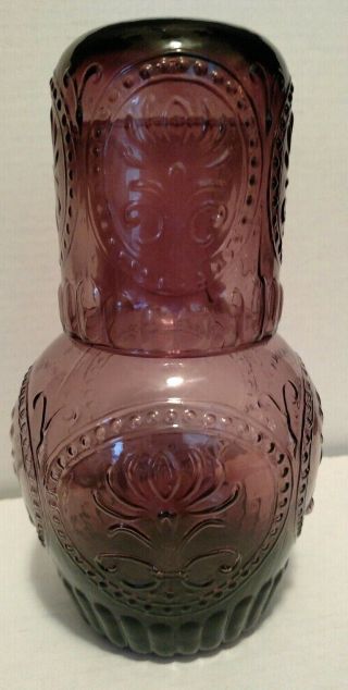 Tumble Up Purple Amethyst Embossed Glass Bed Side Carafe Water Decanter Cup Cc