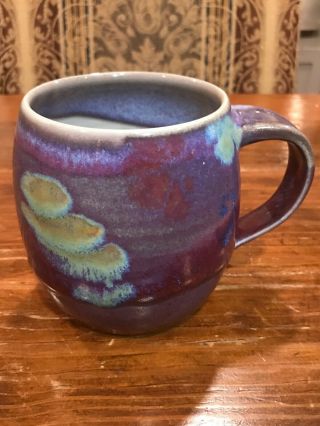 Handcrafted Purple Blue Glazed Drip Ceramic Large Coffee Mug Signed Ch 14 Oz