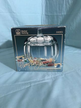 Vintage Anchor Hocking Clear Glass Pumpkin Jar 1980’s,  Box Cookie Jar
