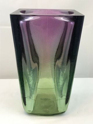 Heavy 11” Tall Art Deco Green And Purple Tinted Glass Vase