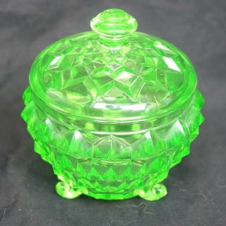 Jeannette Green Uranium Glass Cubist 3 Toed Lidded Powder Jar Sugar Bowl (29