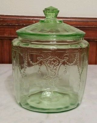 Vintage Green Depression Glass Cameo Ballerina Cookie Jar With Lid 1930 