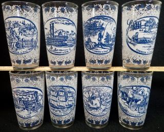 Vintage Currier & Ives Set Of (8 Glasses/tumblers Each Has (2) Different Scenes