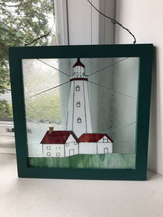 Vintage Stained Glass Suncatcher Lighthouse Framed Window Panel Leaded Etched