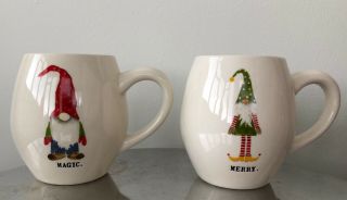 2 Rae Dunn Elf Gnome " Magic " & “merry” Mugs - Estate Find Christmas Cups