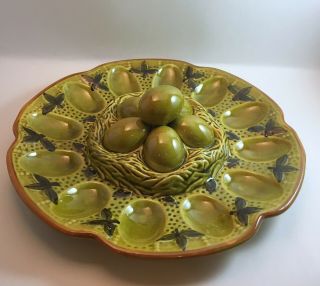Vintage Glass Porcelain Green Deviled Egg Tray Ceramic Unique Eggs Centered