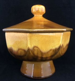 Vintage Ceramic Haeger Pottery Lidded Pedestal Jar Covered Dish Golden Glaze