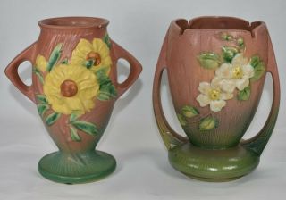 Vintage Roseville Pottery Pink Peony Vase 61 - 7 And White Rose Pink Vase 983 - 7