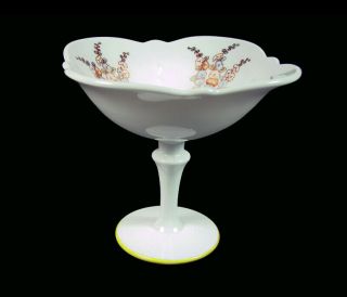 Paden City Glass Co.  - “crow’s Foot” - White Milk Glass - Decorated 6 1/2 Compot