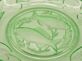 Art Deco Bagley Pressed Uranium Green Glass Plate Fish & Water Lilies