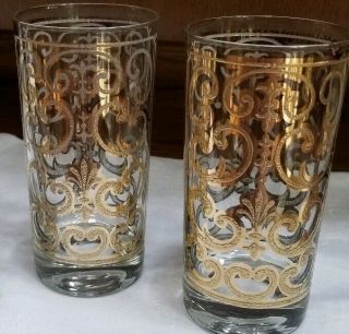 Set Of 2 Vintage Georges Briard Mid Century Gold Scroll Glasses Spanish Barware