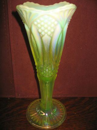 Vaseline Opalescent Carnival Glass Diamond Pattern Vase / Iridescent Uranium 10 "