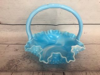 Fenton Slag Blue & White Swirl Hobnail Handled Candy Dish Basket G147