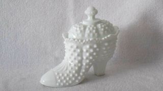 Vintage Fenton Milk Glass Hobnail Boot Shoe And Lid W/ Sticker