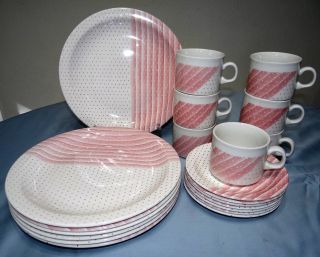 Vtg 21 Pc Set Churchill Pink Shades Polka Dot Dinner Plates Cup & Saucer England