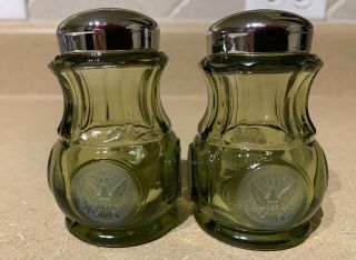 Vintage Fostoria Olive Green Coin Glass Salt And Pepper Shakers Retired Sh
