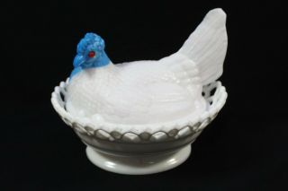 Vintage Milk Glass Blue White Chicken On Nest Basket With Red Glass Eyes