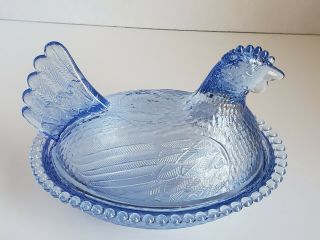 Vintage Indiana Glass Hen On Nest Covered Trinket Candy Dish Light Blue Ice