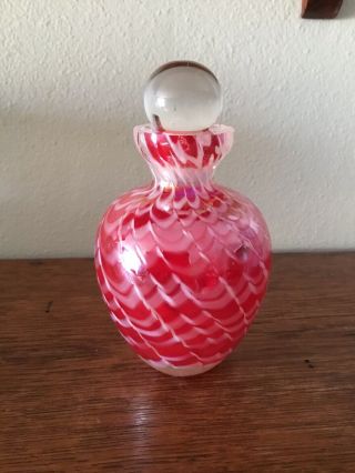 Elegant Vintage Clear Cased Red And White Swirl Art Glass Perfume Bottle 2