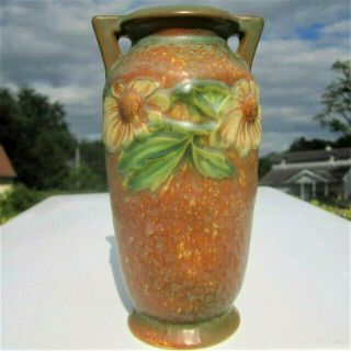 1930s Roseville Dahlrose Arts & Crafts Design Matte Green Tan Glaze Pottery Vase