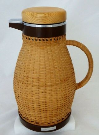 Vintage Corning Glass Insulated Carafe Wicker Pitcher Coffee/tea Thermos Server