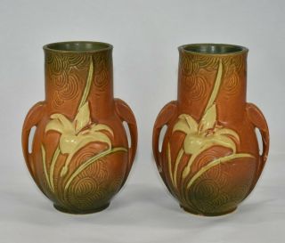 Vintage Roseville Pottery Zephyr Lily Brown Vases 130 - 6