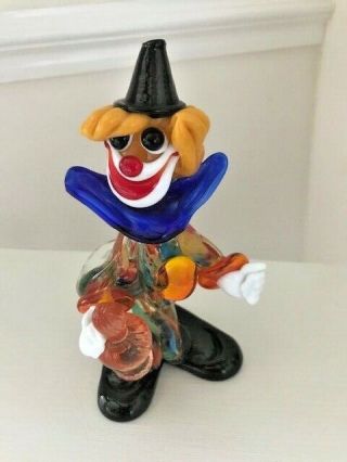 Vintage Italian Murano Glass Clown With Black Hat Holding An Orange Wine Bottle